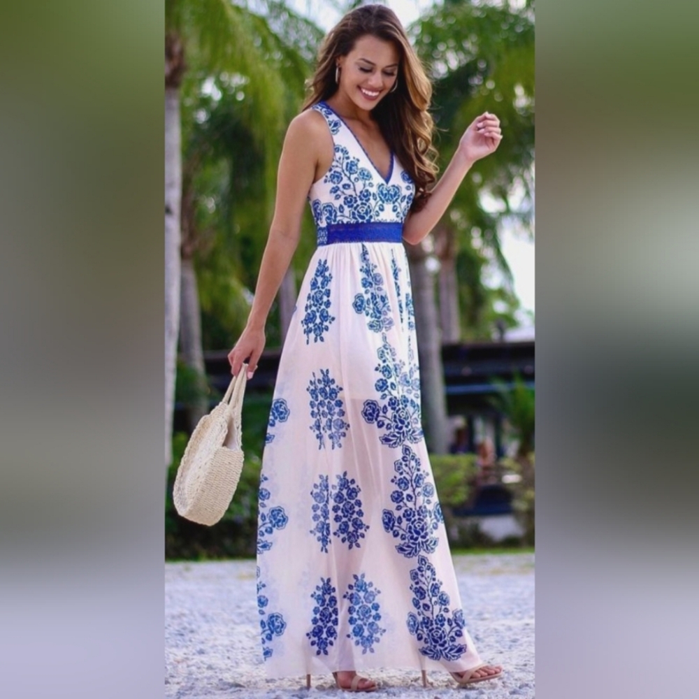NWOT A. Calin Flying Tomato White Blue Maxi Dress Lace Crochet Grecian Goddess